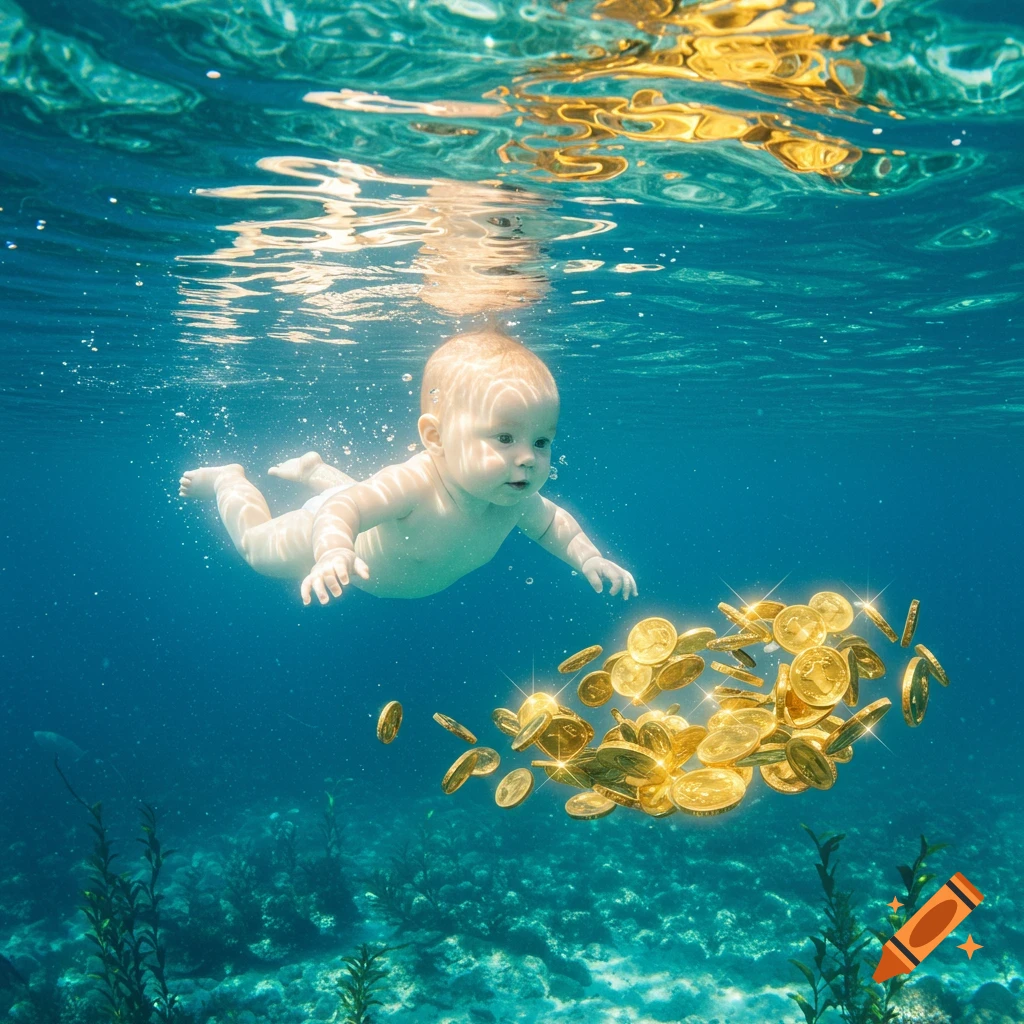 A photorealistic image of a baby swimming underwater towards a large cluster of glowing golden coins.