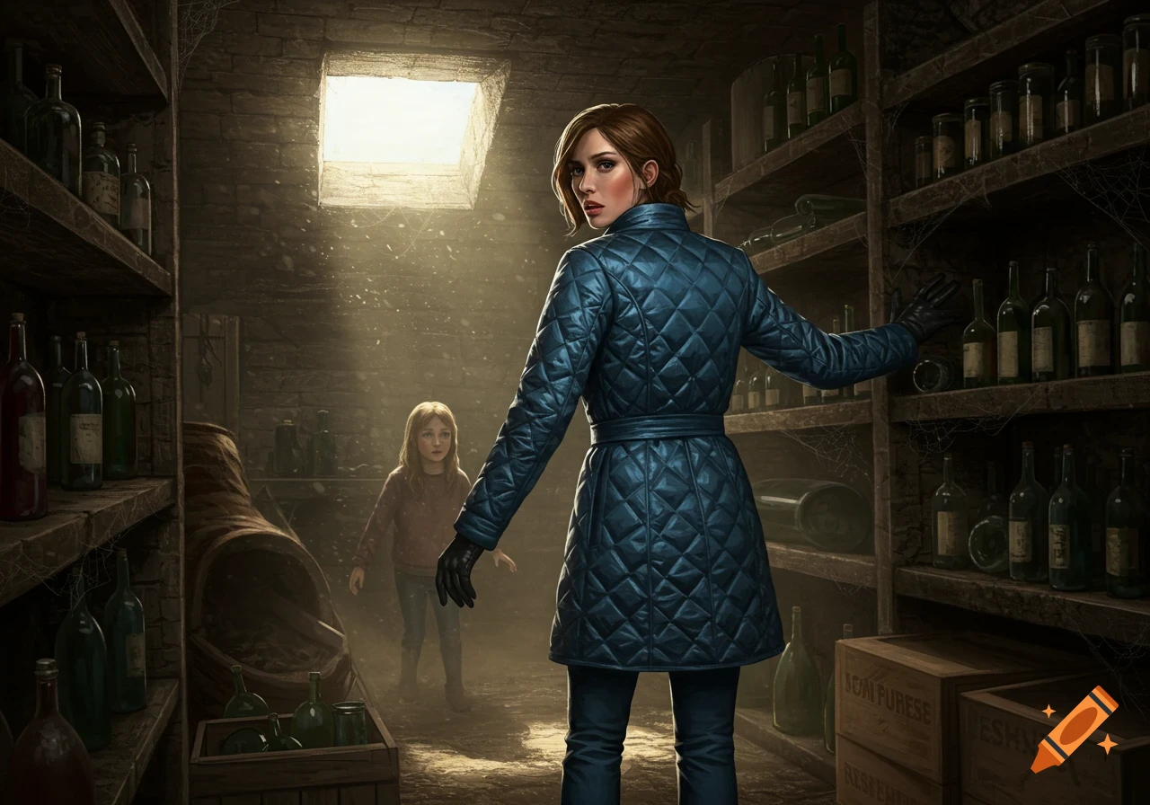 A woman in a blue quilted jacket looks back at a young girl in a dusty, dimly lit cellar with shelves of bottles.