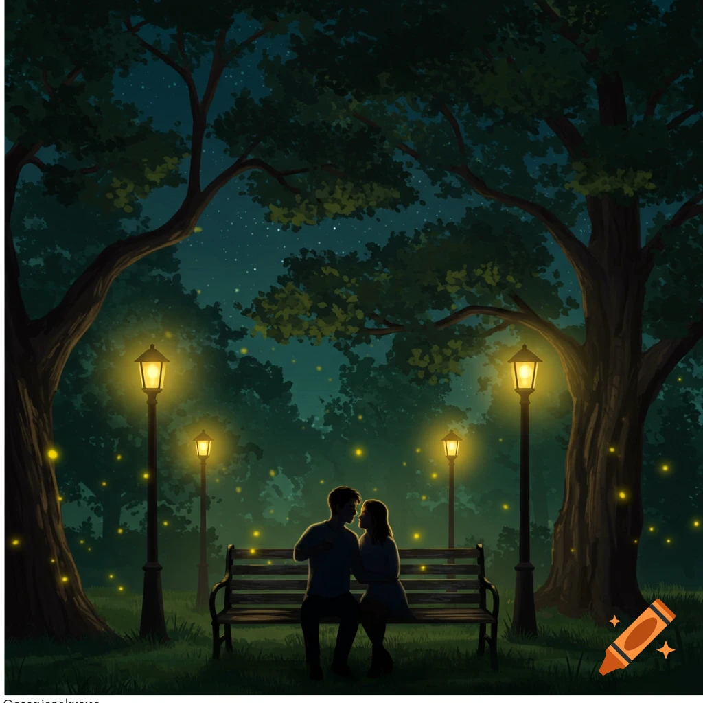 A couple sits on a park bench at night, illuminated by street lamps and ...