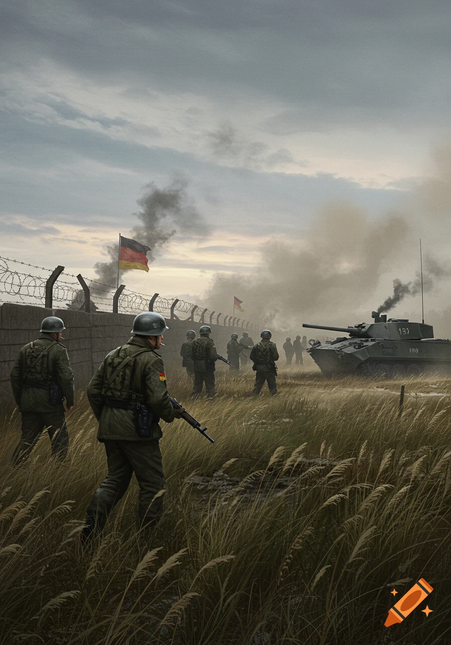 Photorealistic image of West German soldiers advancing past a tank and barbed wire fence under a smoky sky with German flags.