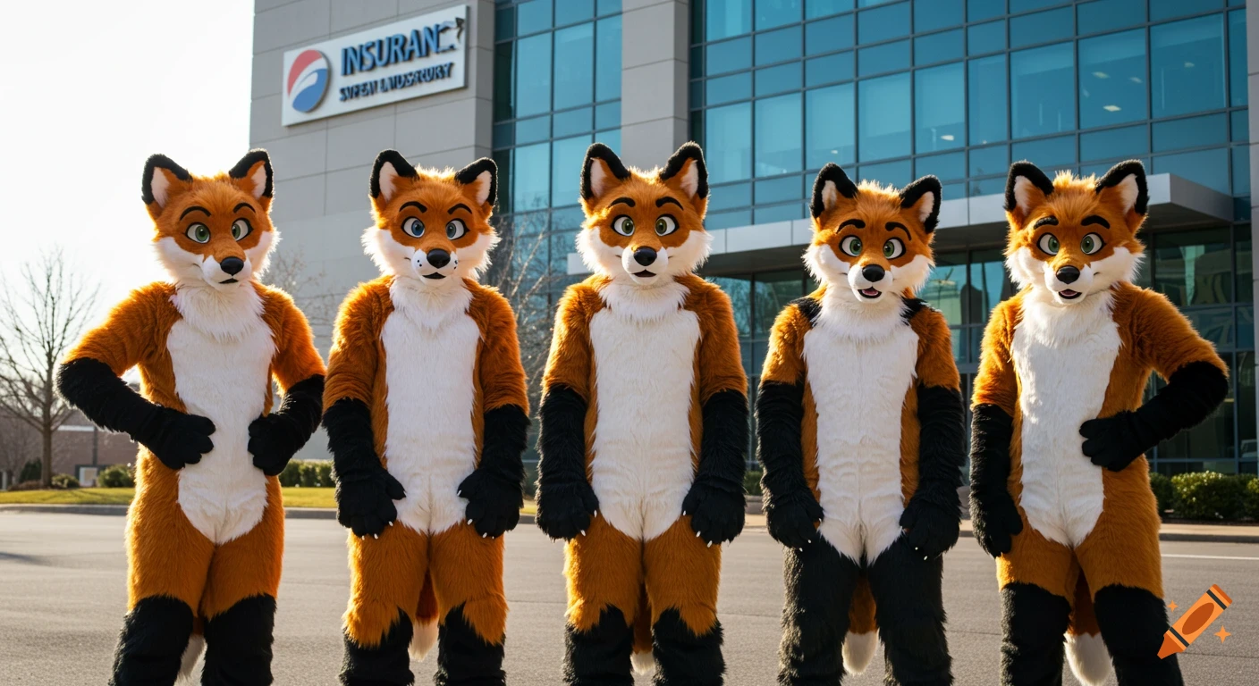 Five people in detailed orange fox fursuits with black limbs stand side-by-side in front of a modern glass office building with an "INSURANCE" sign.
