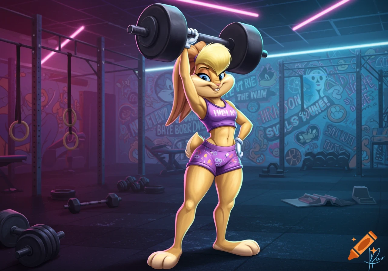 Lola Bunny in a purple sports bra and shorts lifts a barbell overhead in a neon-lit gym.