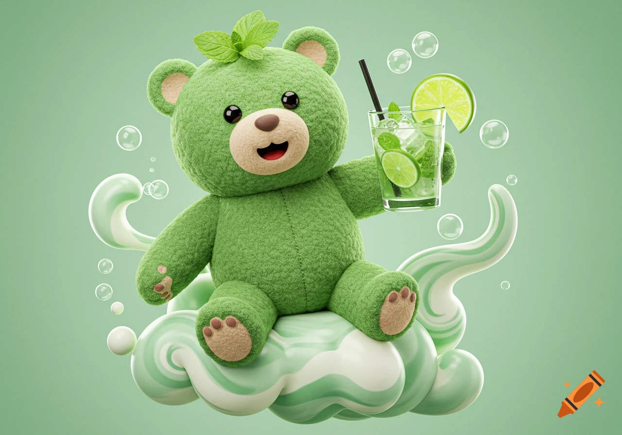 A green fuzzy teddy bear with mint leaves on its head sits on a wavy cloud, holding a mojito cocktail with lime and mint in a 3D cartoon style.