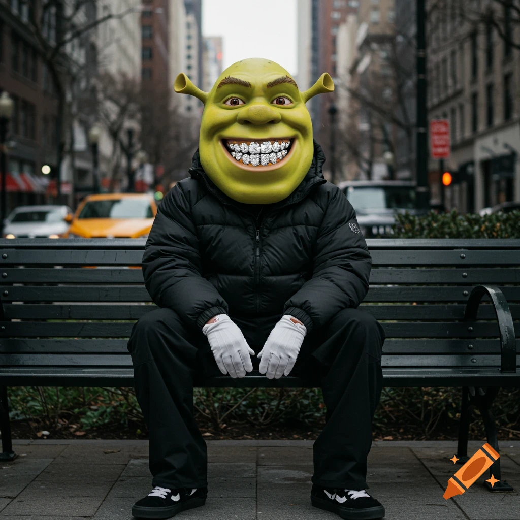 A person in a black puffer jacket, baggy pants, and white gloves, wearing a Shrek mask with diamond grills, sits on a city bench. Blurred cars and buildings are in the urban background.