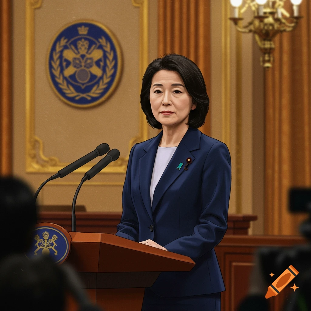 A woman in a dark suit stands at a wooden podium with microphones, speaking in a grand hall with a gold-framed emblem on the wall.