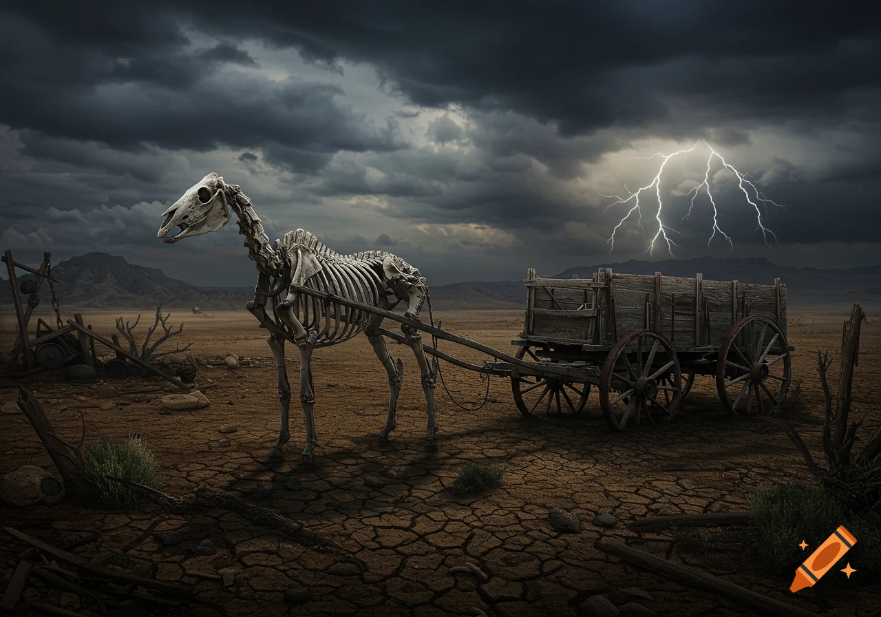A skeletal horse pulls a wooden wagon across a cracked desert landscape under a dark, stormy sky with lightning.