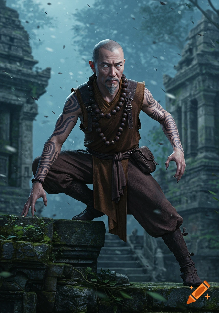 Photorealistic portrait of a bald Asian monk with pale eyes, sharp claws, and serpentine arm tattoos, crouching on mossy ruins.