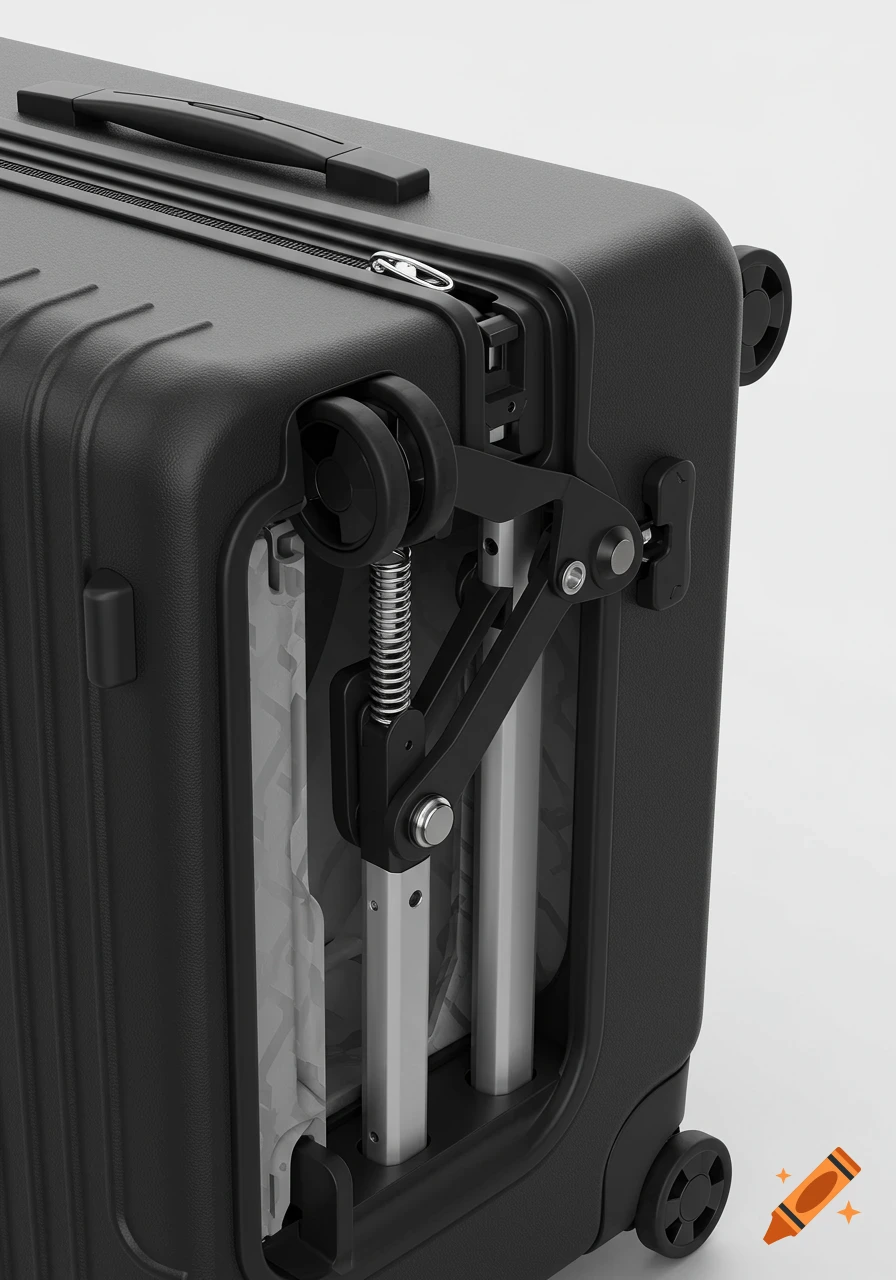 Detailed view of a modern black hard-shell suitcase showing its innovative internal folding wheel mechanism and spring components, rendered in a realistic 3D industrial style.