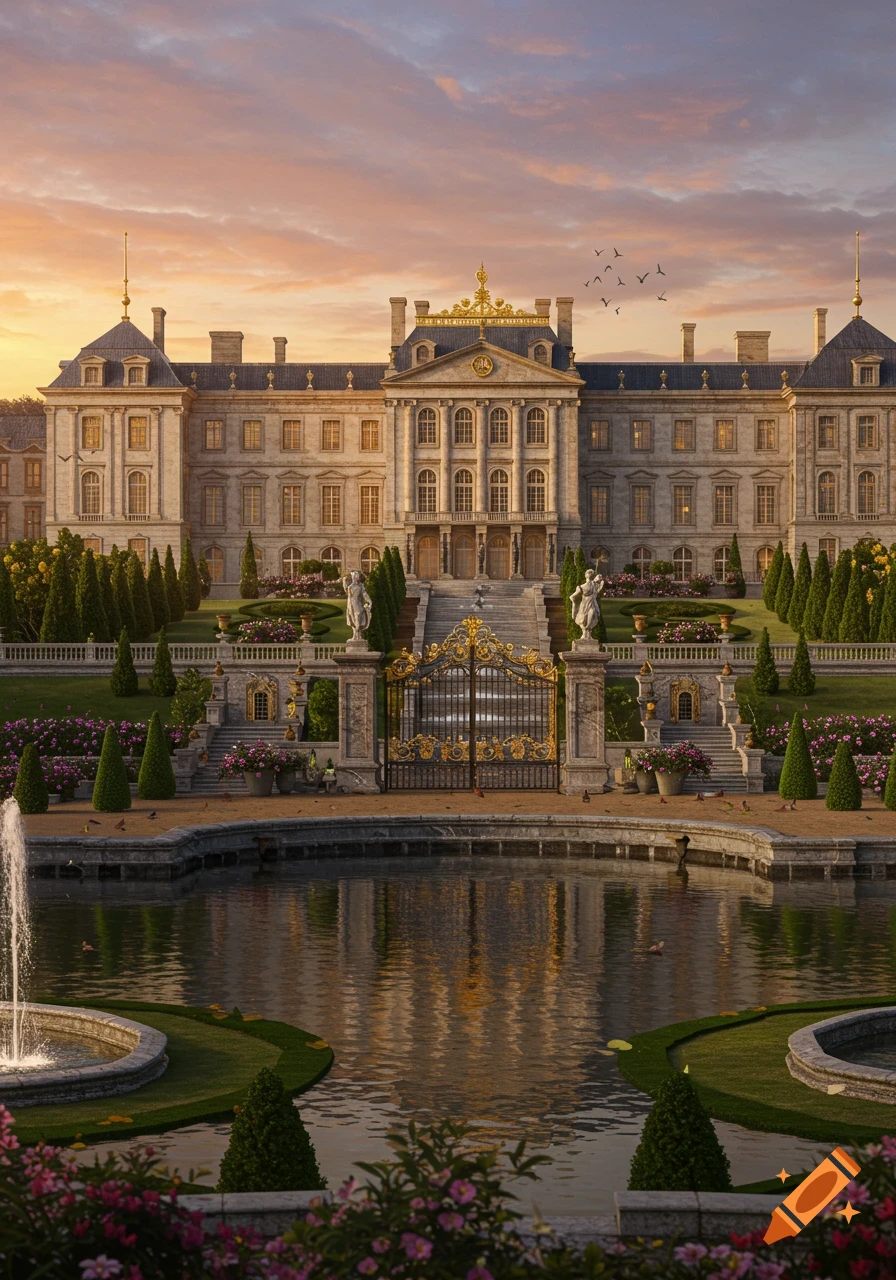 Photorealistic image of a grand European palace with ornate gardens, a large reflective pond, and a fountain at sunset.