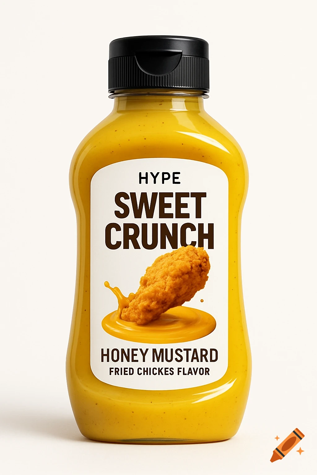 A yellow bottle of HYPE SWEET CRUNCH Honey Mustard sauce, fried chicken flavor, with a fried chicken piece dipping into sauce on a white label, set against a white background.