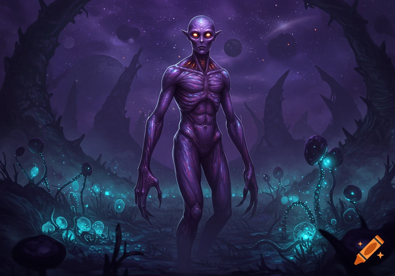 A purple, emaciated alien-like creature with glowing yellow eyes stands in a dark, bioluminescent alien landscape.
