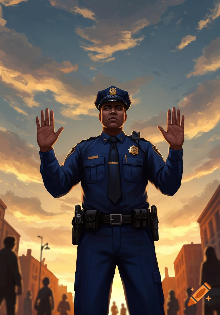 An illustrated police officer, a Black man, stands with hands raised in a gesture of surrender or 'stop' against a city sunset.