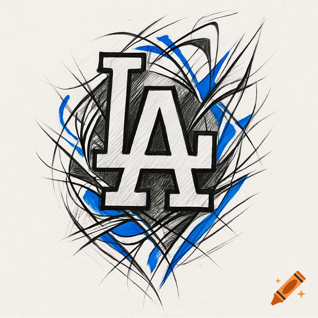 Black and white tattoo sketch of the 'LA' Dodgers logo with blue accents and abstract lines on a light background.
