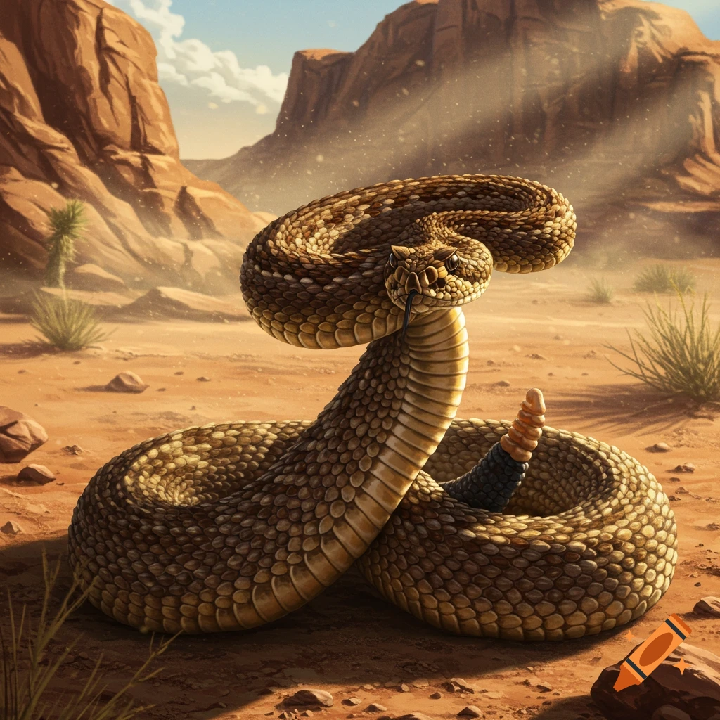 A detailed illustration of a rattlesnake coiled and alert in a dusty desert with rocky mountains in the background.