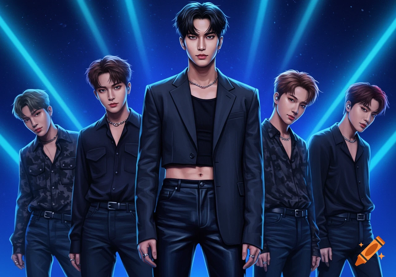 A stylized illustration of a K-pop boy group with five members posing against a blue background with neon lights.