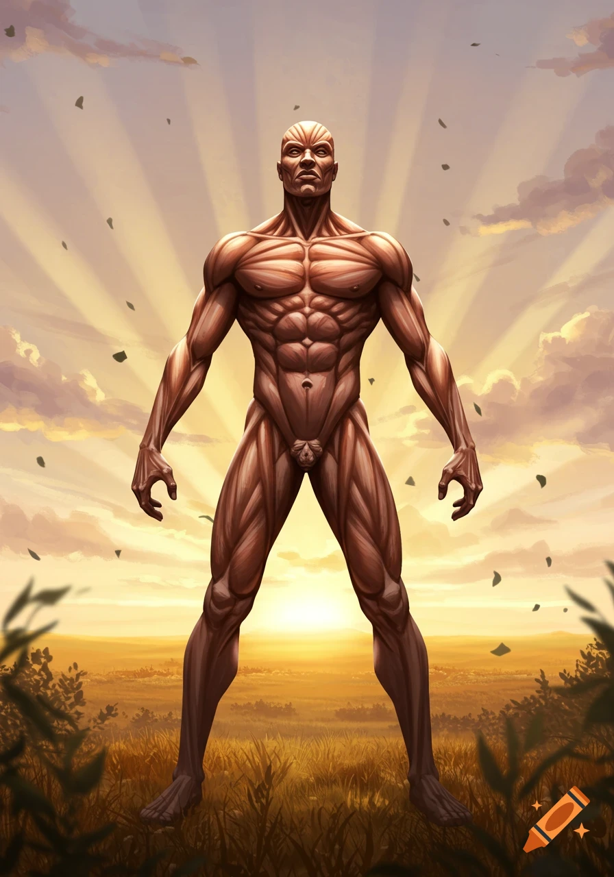A highly muscular, nude male figure stands against a dramatic sunset sky in an anatomical art style.