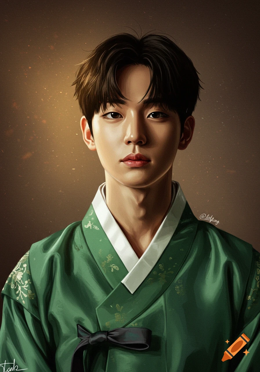 Digitally painted portrait of a young man with dark hair in a green traditional Korean hanbok against a warm, speckled background.