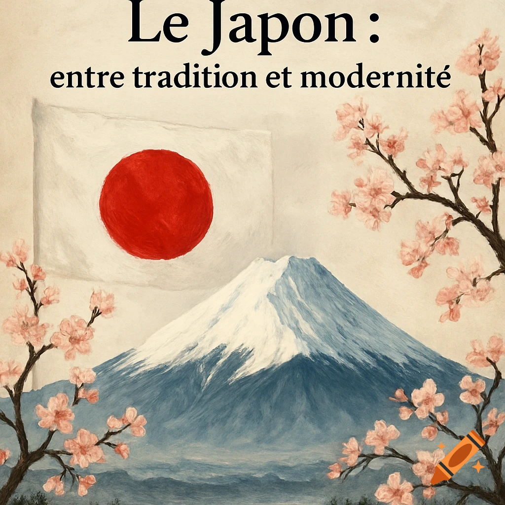 Painterly illustration of the Japanese flag, Mount Fuji, and cherry blossoms, with French text 'Le Japon : entre tradition et modernité'.