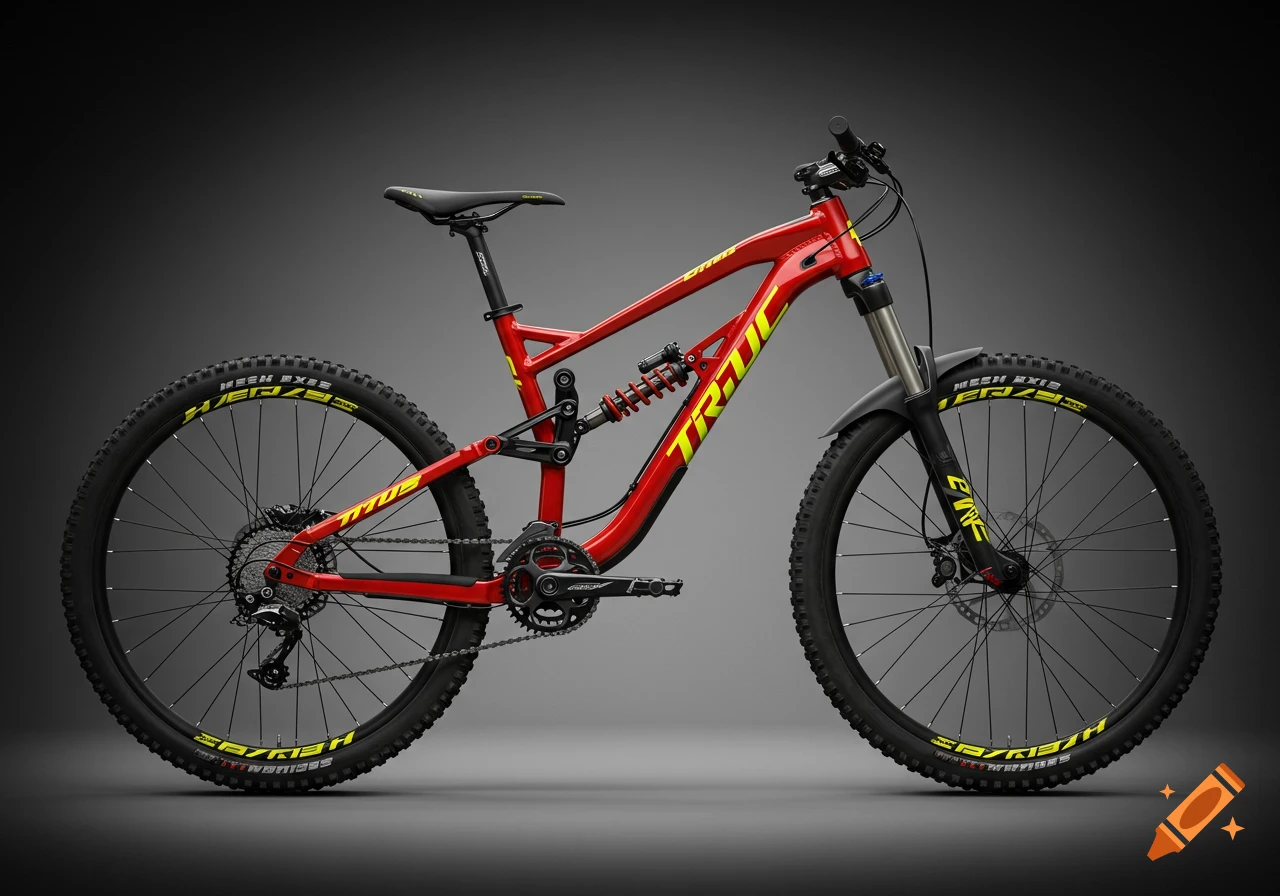 A photorealistic red and black mountain bike with yellow accents, full suspension, disc brakes, and knobby tires, against a gradient gray background.