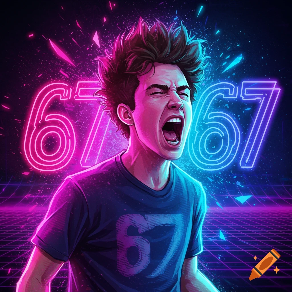 A screaming young man with spiky hair in a neon synthwave illustration, with '67' in the background and on his shirt.