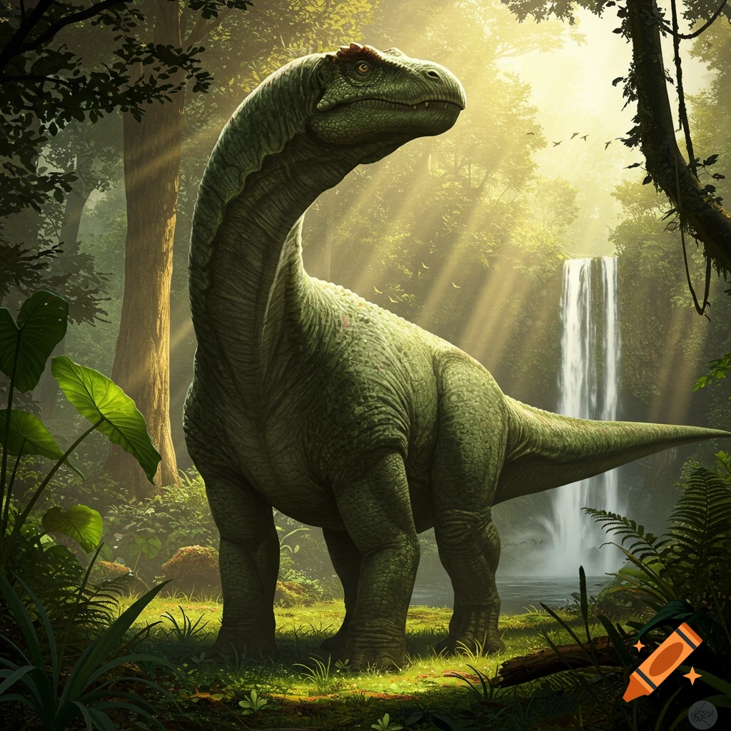 A majestic green dinosaur with a long neck stands in a lush, sun-dappled jungle with a waterfall in the background.