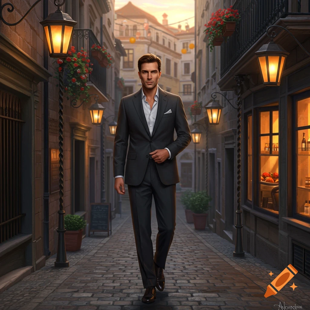 A photorealistic man in a dark suit walks down a narrow, cobblestone European street lined with buildings and lanterns at sunset.