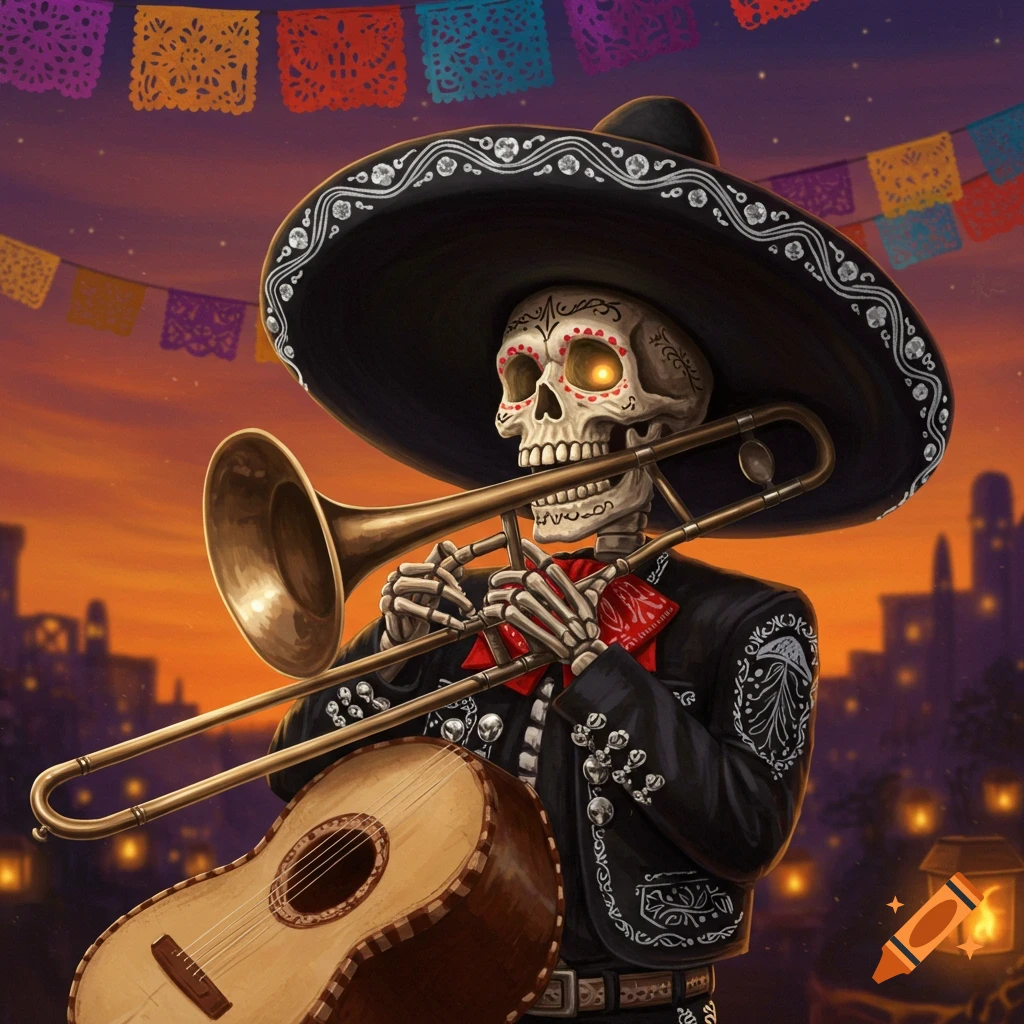 A photorealistic skeleton mariachi plays a trombone, holding a guitar, against a festive sunset sky with papel picado.