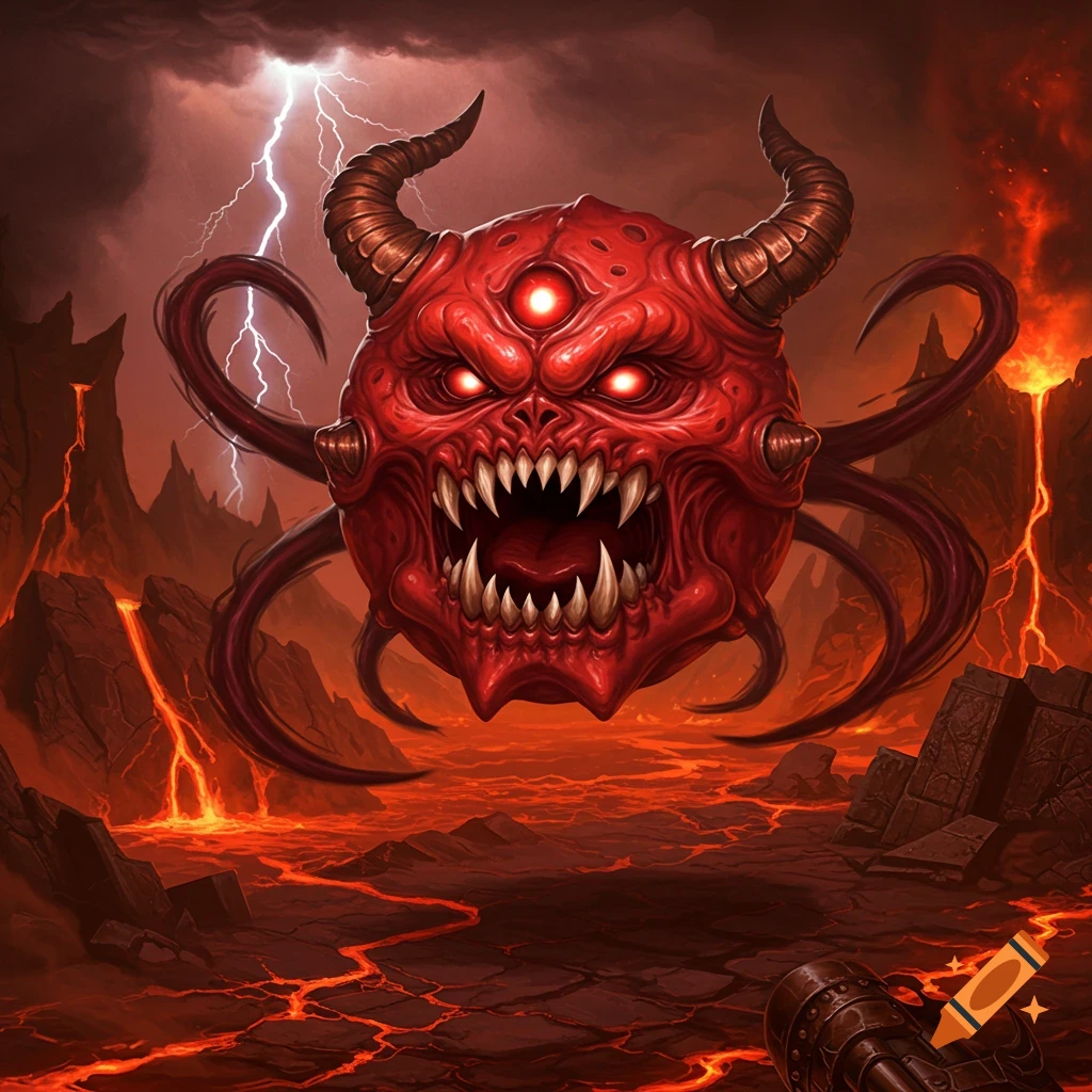 A red, multi-eyed Cacodemon demon with horns and sharp teeth floats over a hellish, volcanic landscape with lightning, in a video game art style.