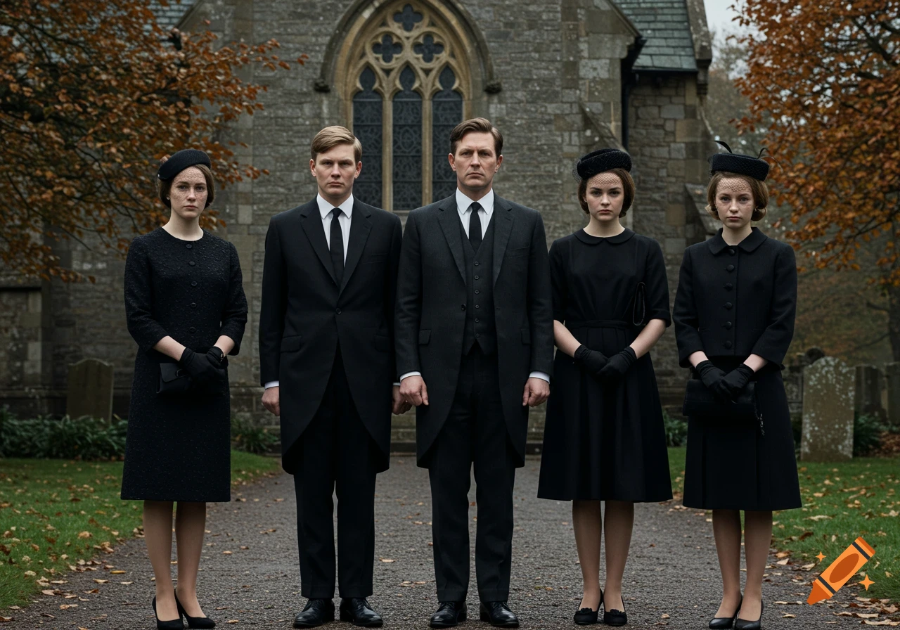 Five people in black funeral attire from the 1960s stand solemnly in front of a stone church.