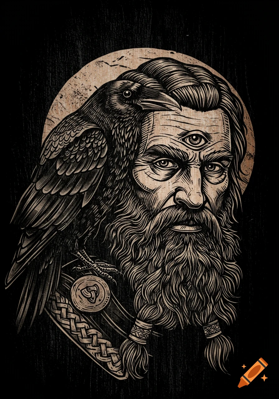 Stylized woodcut portrait of a bearded man with a third eye and a raven perched on his shoulder, against a dark background with a light halo.