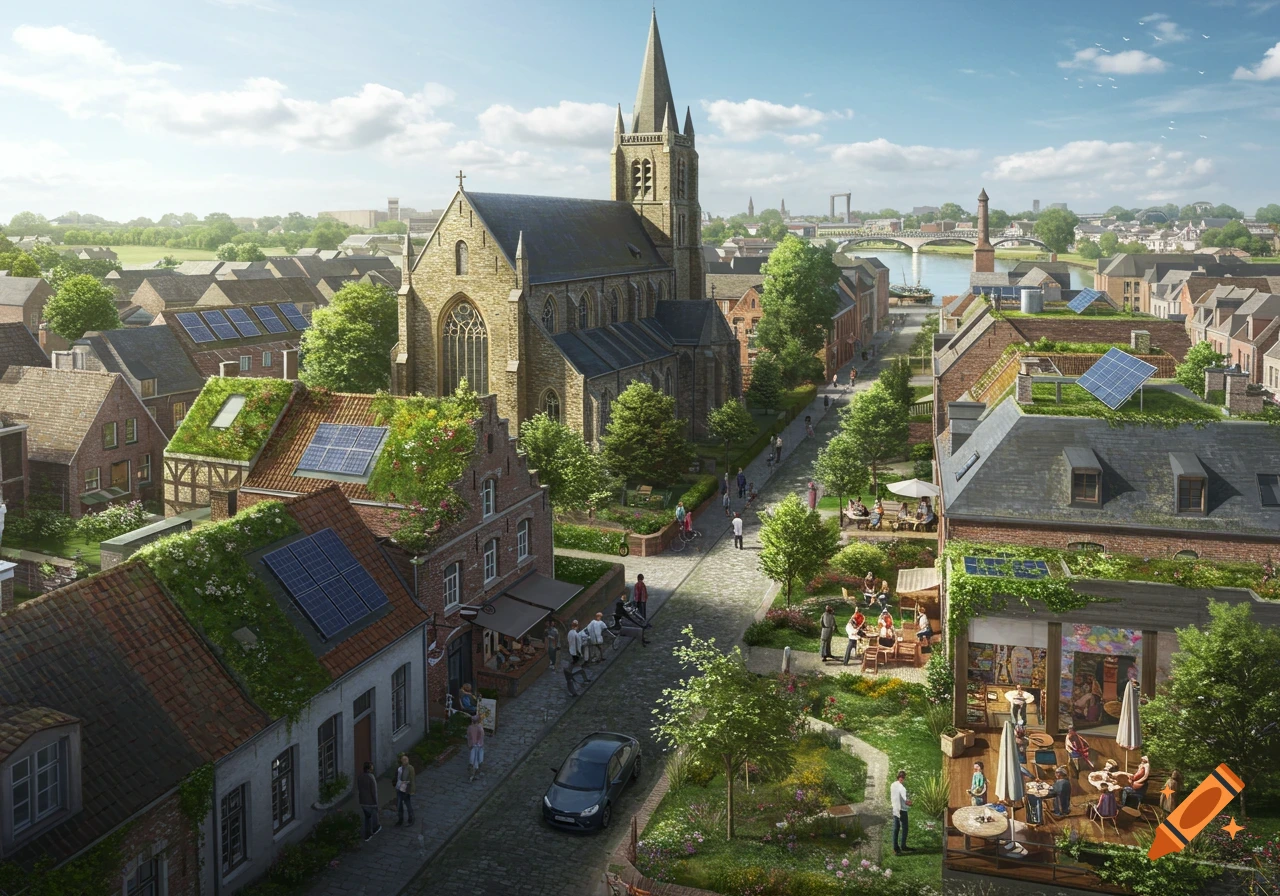 Aerial view of a sustainable European village with a church, green-roofed houses, solar panels, people outdoors, and a river.