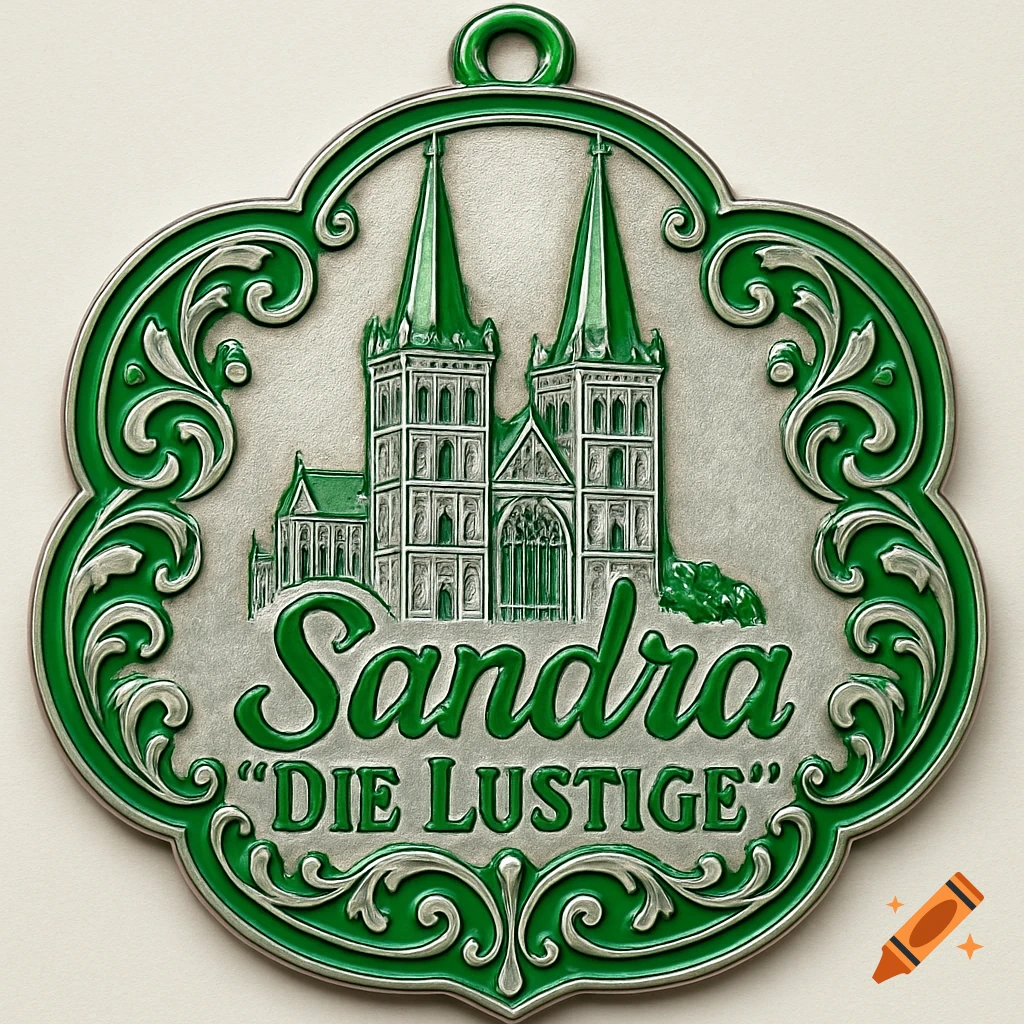A green and silver decorative medal featuring a stylized cathedral with two spires and the name "Sandra" and "DIE LUSTIGE".