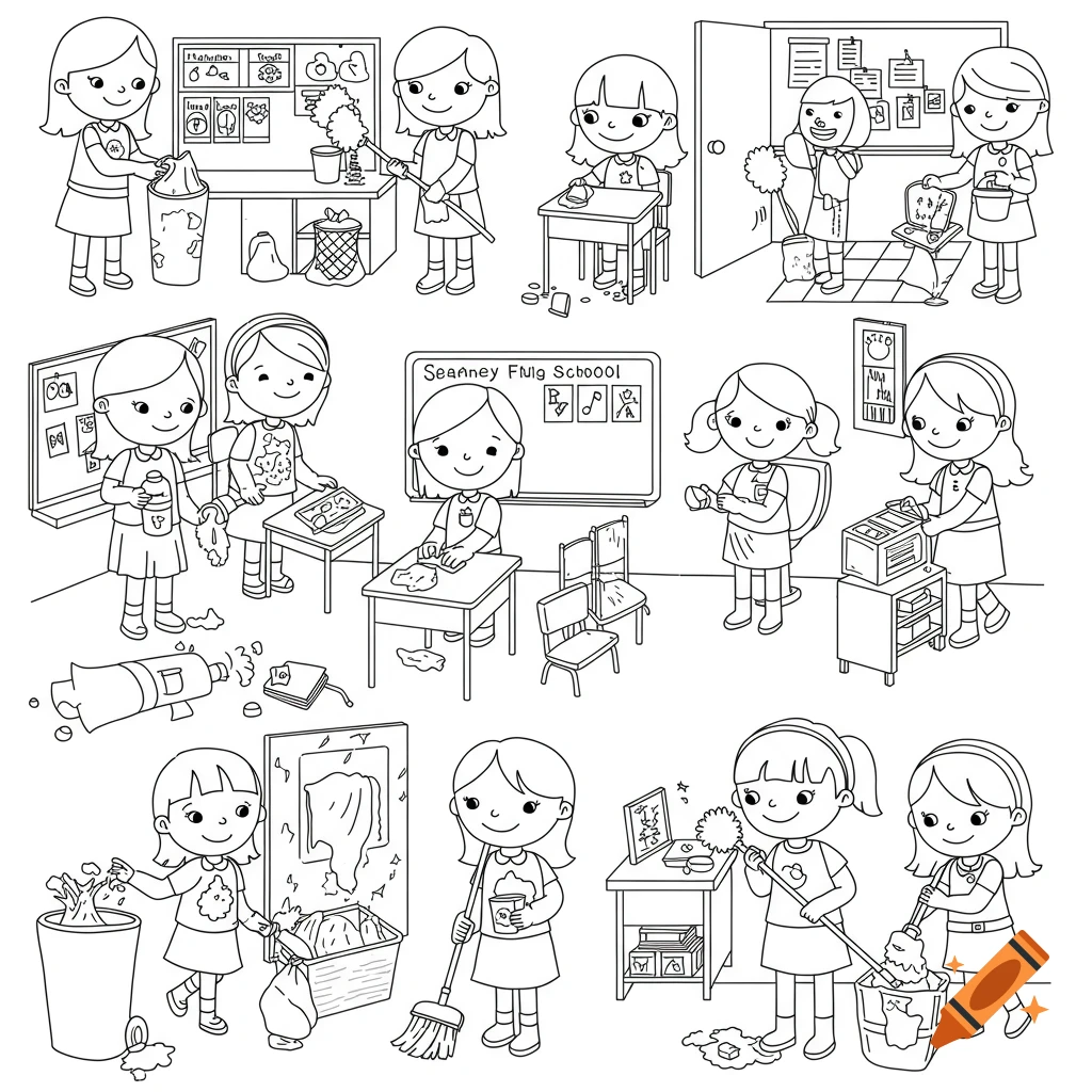 Black and white cartoon line art of girls cleaning a school classroom, hallway, and restroom, showing various chores.