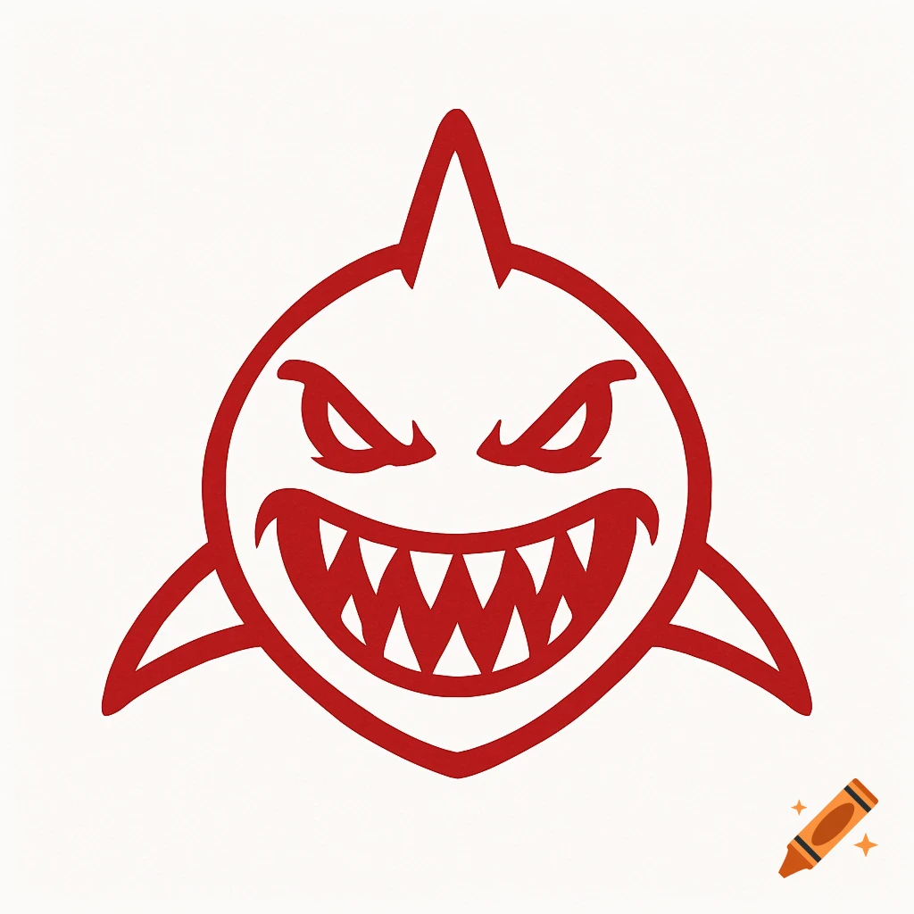 A minimalist red cartoon shark logo with a menacing grin and sharp teeth on a white background.