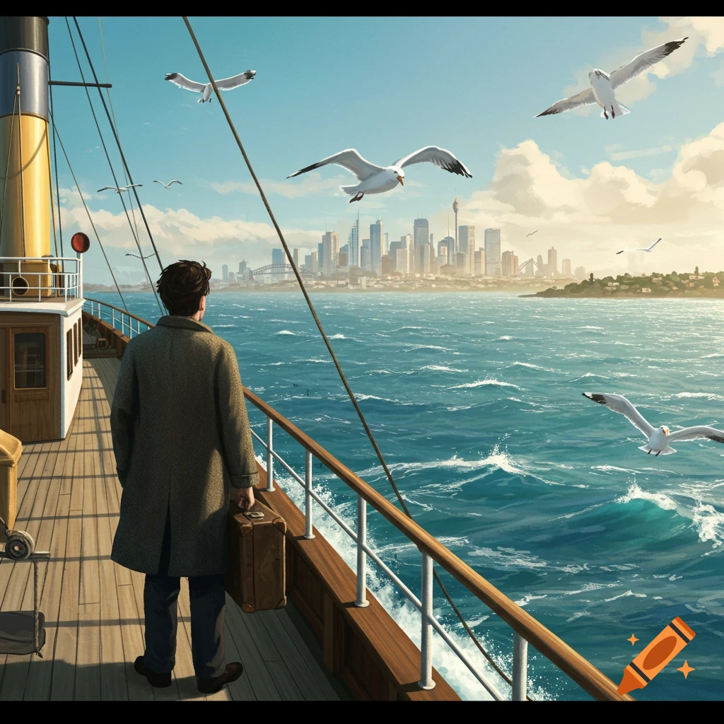 A man in a coat with a suitcase stands on a ship's deck, looking towards a distant city skyline across the ocean, with seagulls flying.