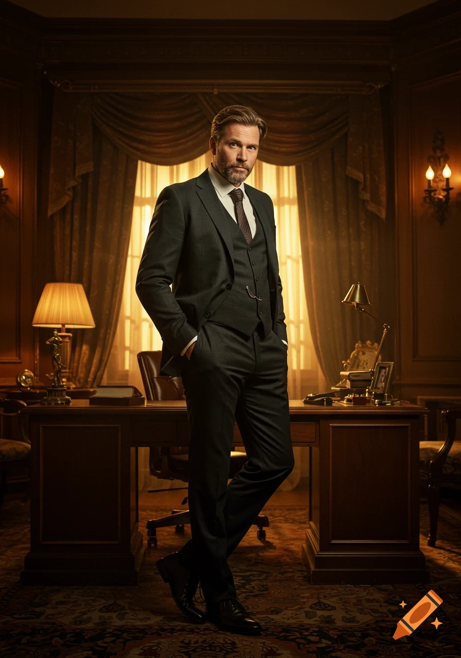 A handsome man in a dark suit and tie stands confidently in a luxurious, richly decorated vintage office.