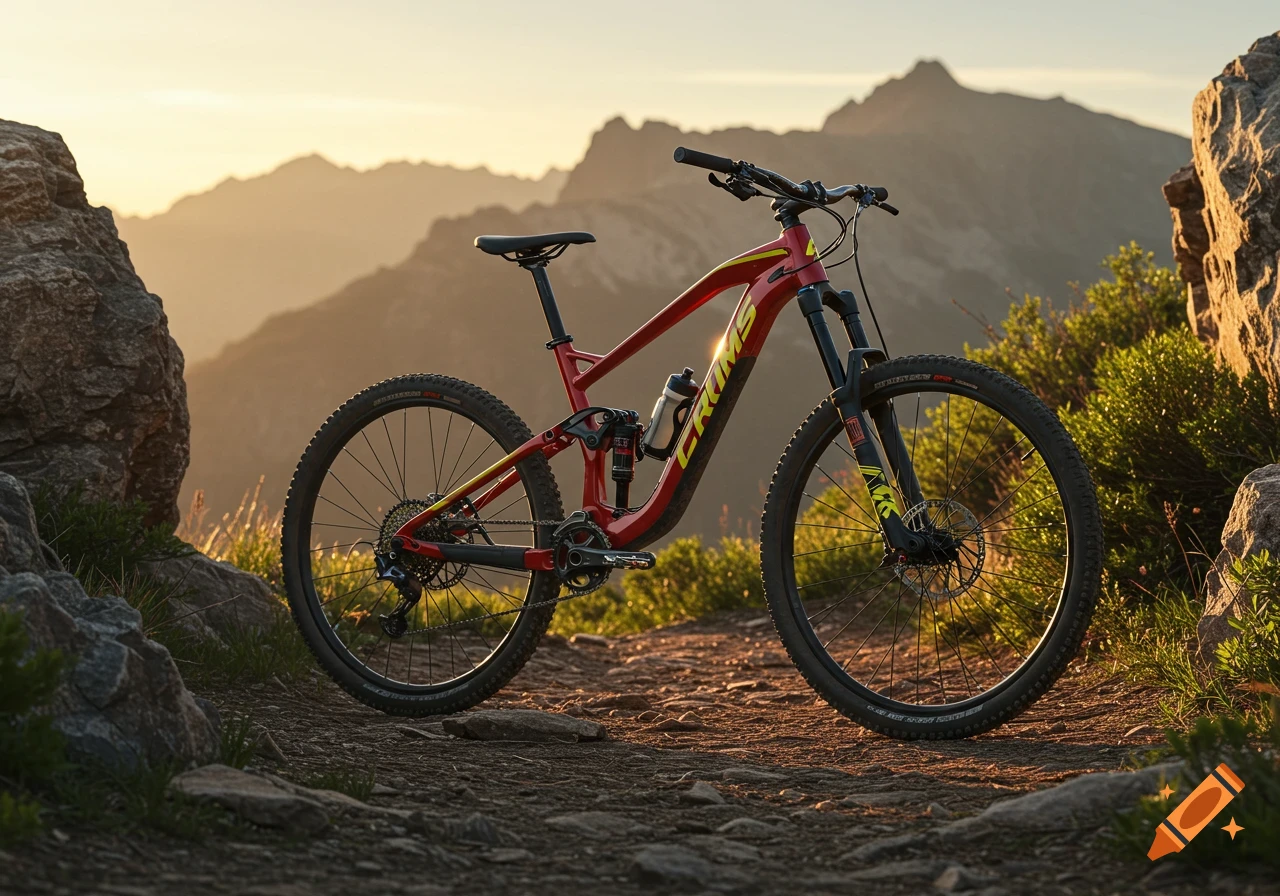 A stylish red and black mountain bike with yellow highlights on a mountain trail at sunset, with mountains in the background, photorealistic.