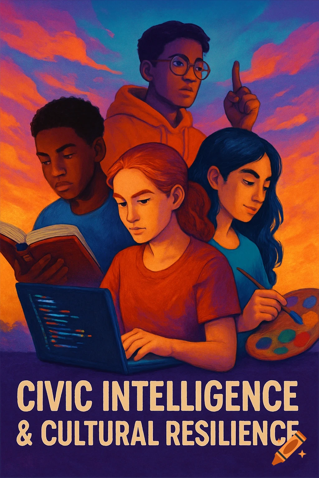 An illustration of diverse youth learning, coding, and painting under a vibrant sunset sky, with the text 'CIVIC INTELLIGENCE & CULTURAL RESILIENCE' at the bottom.