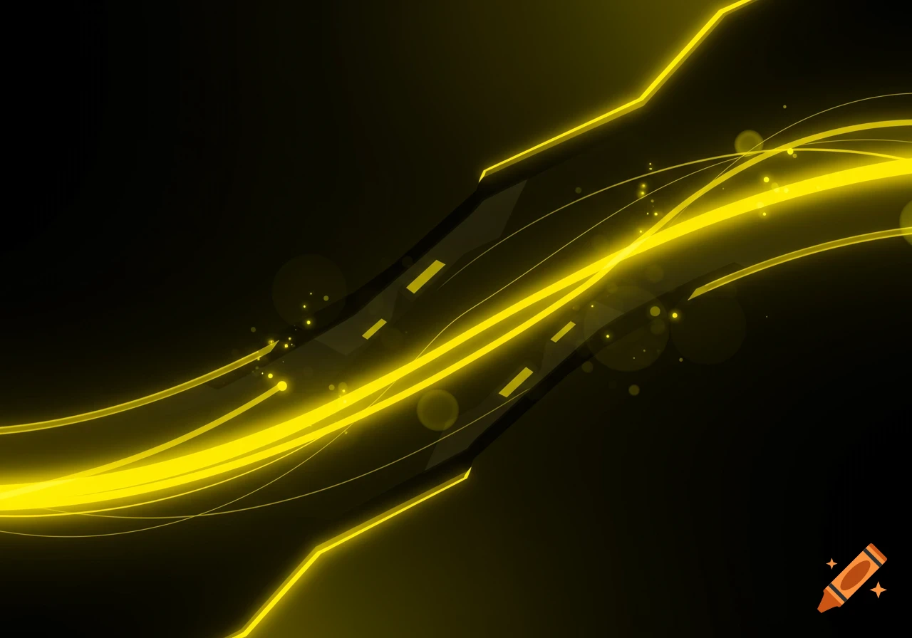 Abstract background with glowing yellow and black dynamic lines and light particles.