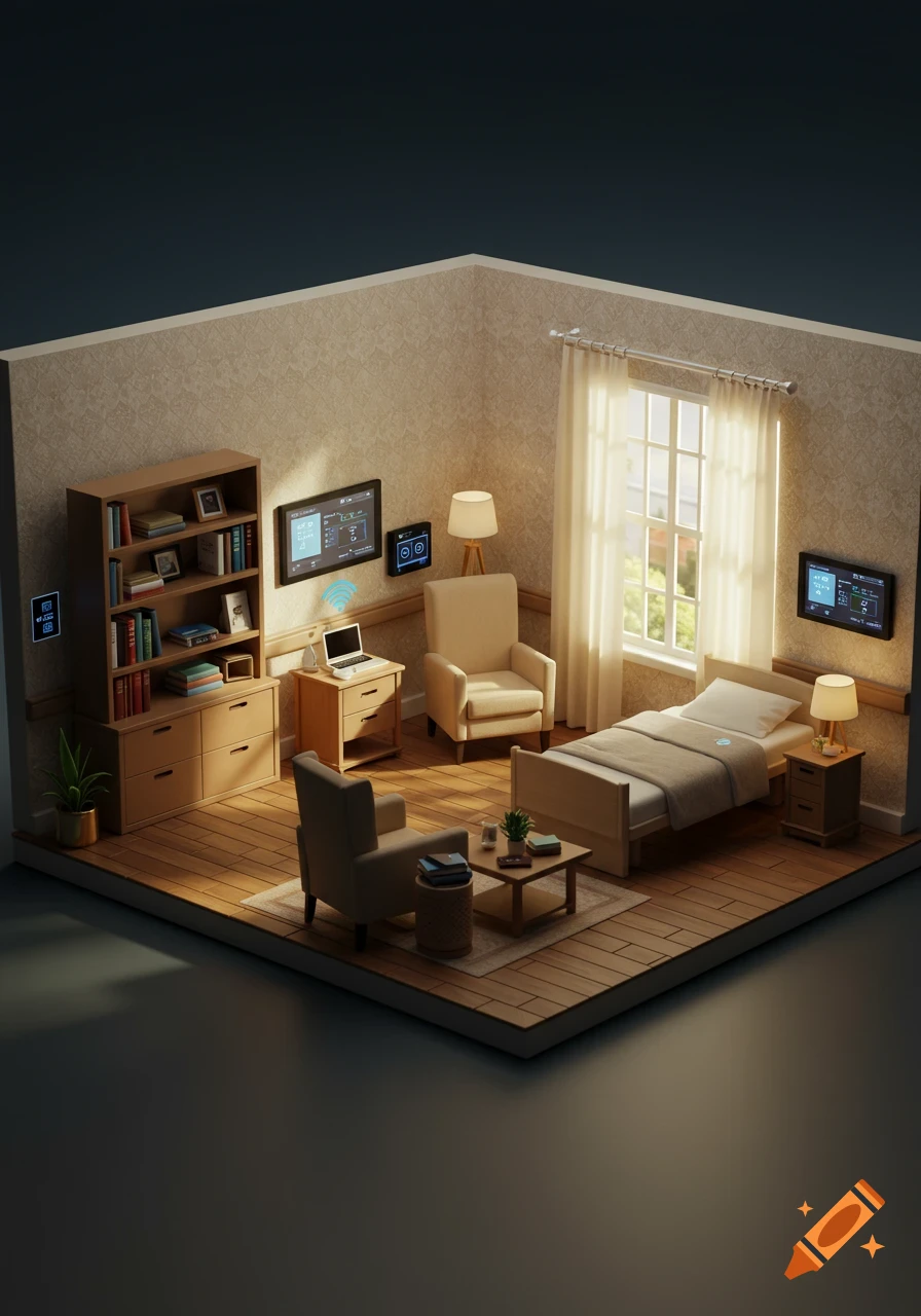 Isometric 3D render of a smart home bedroom with a bed, chairs, bookshelf, and wall-mounted screens, bathed in warm sunlight.