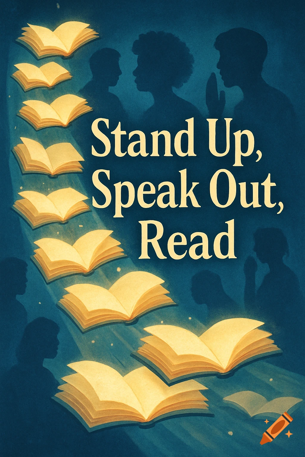 Dark blue poster with golden glowing open books and silhouettes of people. Large text reads "Stand Up, Speak Out, Read."