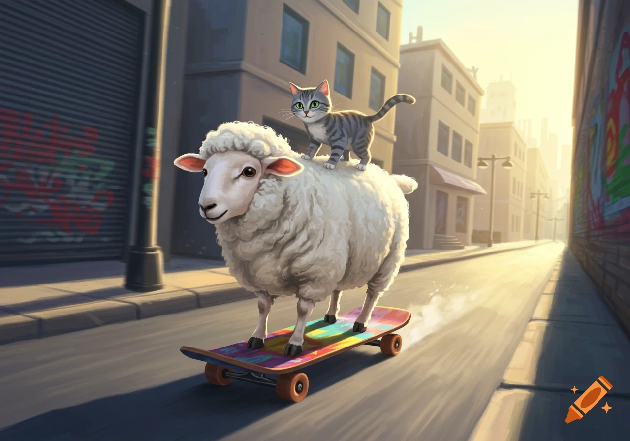 A cartoon sheep on a skateboard with a striped cat riding on its back, cruising down a city street at sunset.
