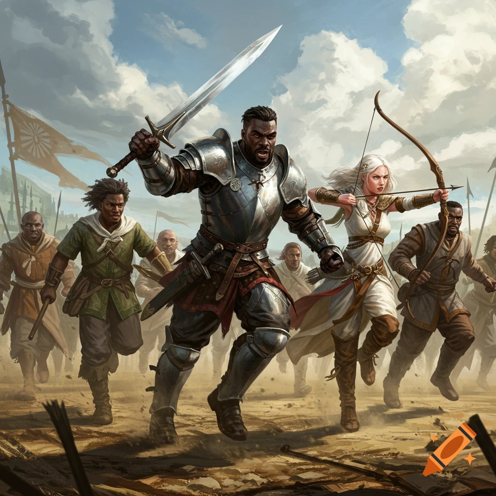 A diverse group of warriors, including a knight in armor and a female archer, charge forward across a dusty field under a cloudy sky.