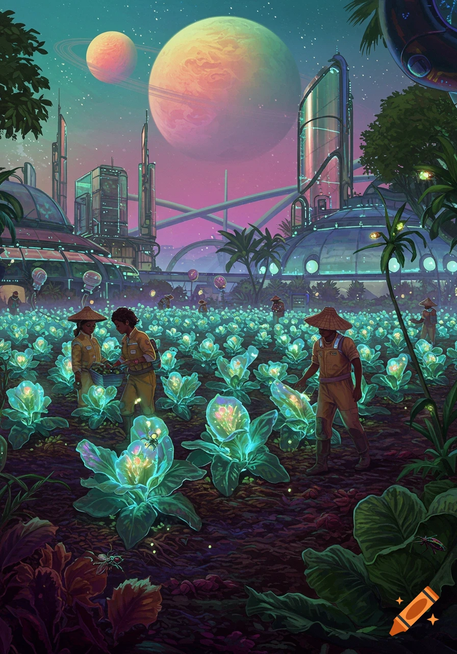 Farmers tend glowing crops on a vibrant alien planet with a futuristic city and ringed planet in the purple-hued sky.