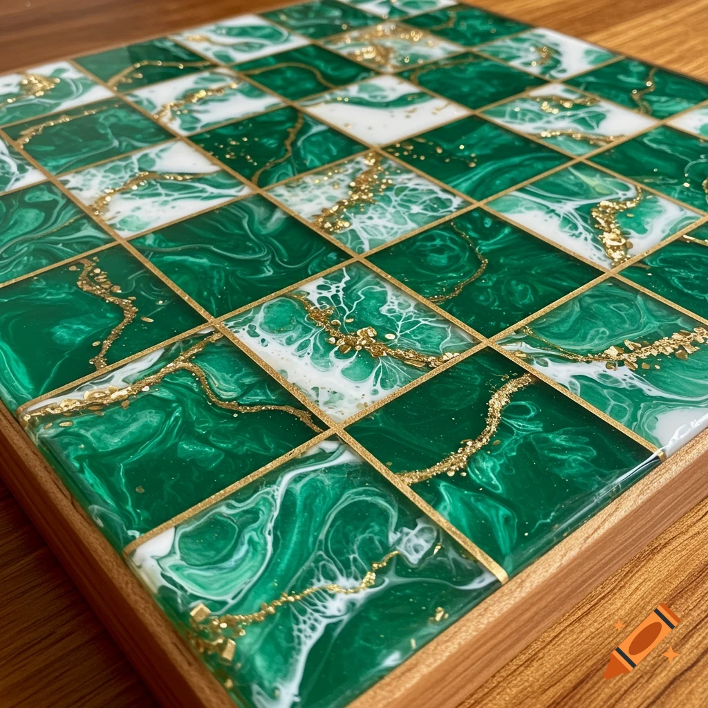 A close-up of an emerald green and white epoxy resin chessboard with gold accents and a wooden frame.