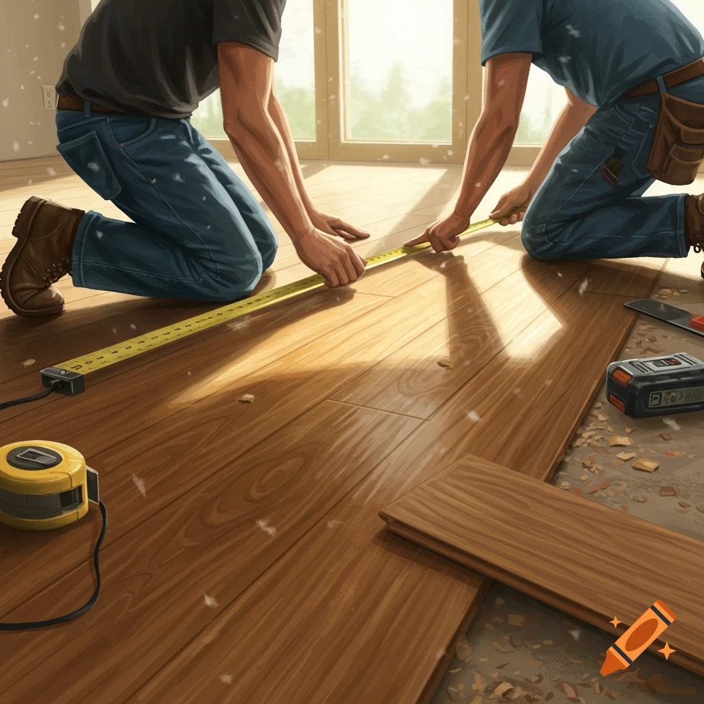 Two people kneel on a wooden floor, measuring planks with a tape measure during hardwood floor installation.