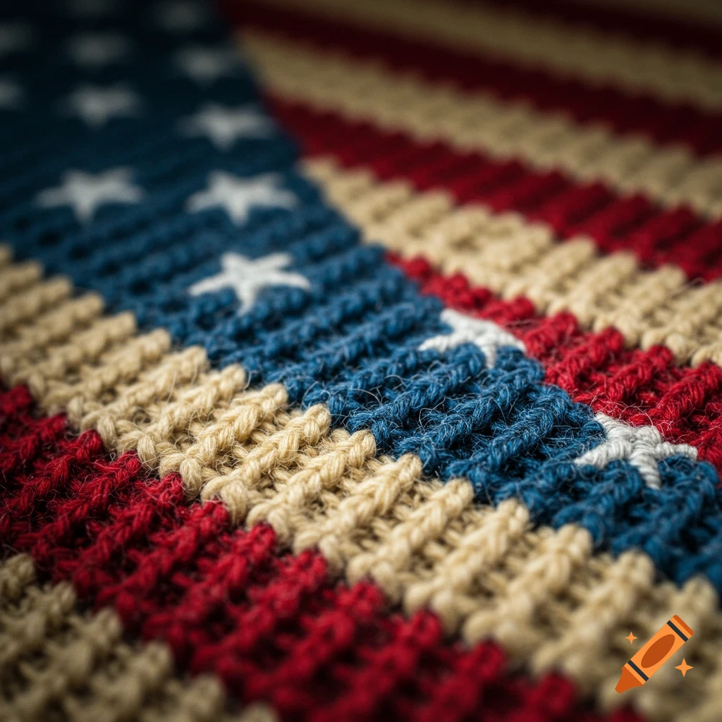 Close-up of a knitted American flag showing detailed red, beige, blue, and white stitches.