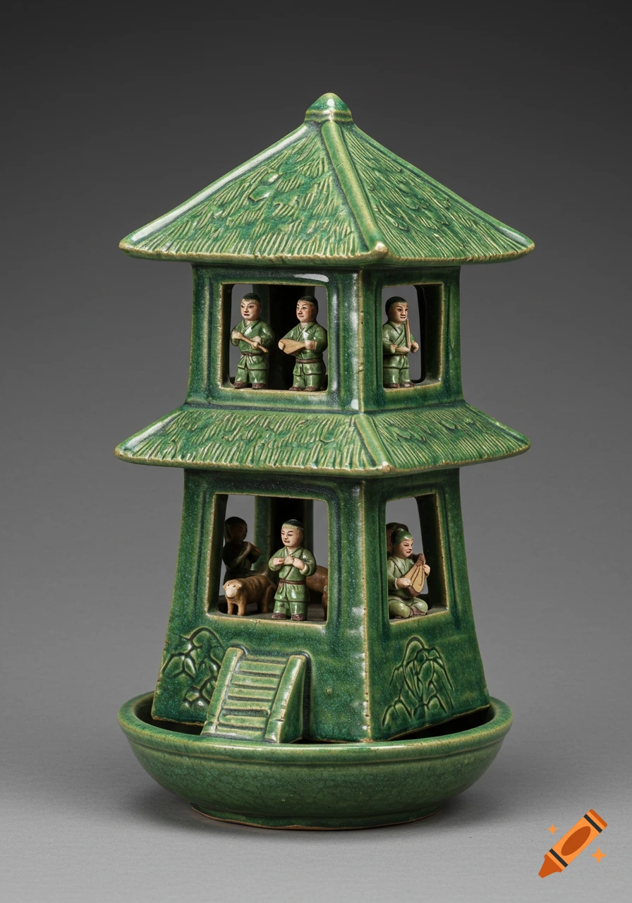A green glazed earthenware Chinese watchtower with small figures of hunters, musicians, and animals on two levels.