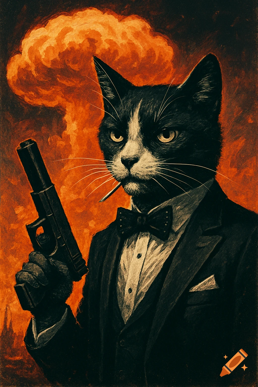 A stylized black and white tuxedo cat in a suit, holding a pistol and smoking, with an orange mushroom cloud in the background.