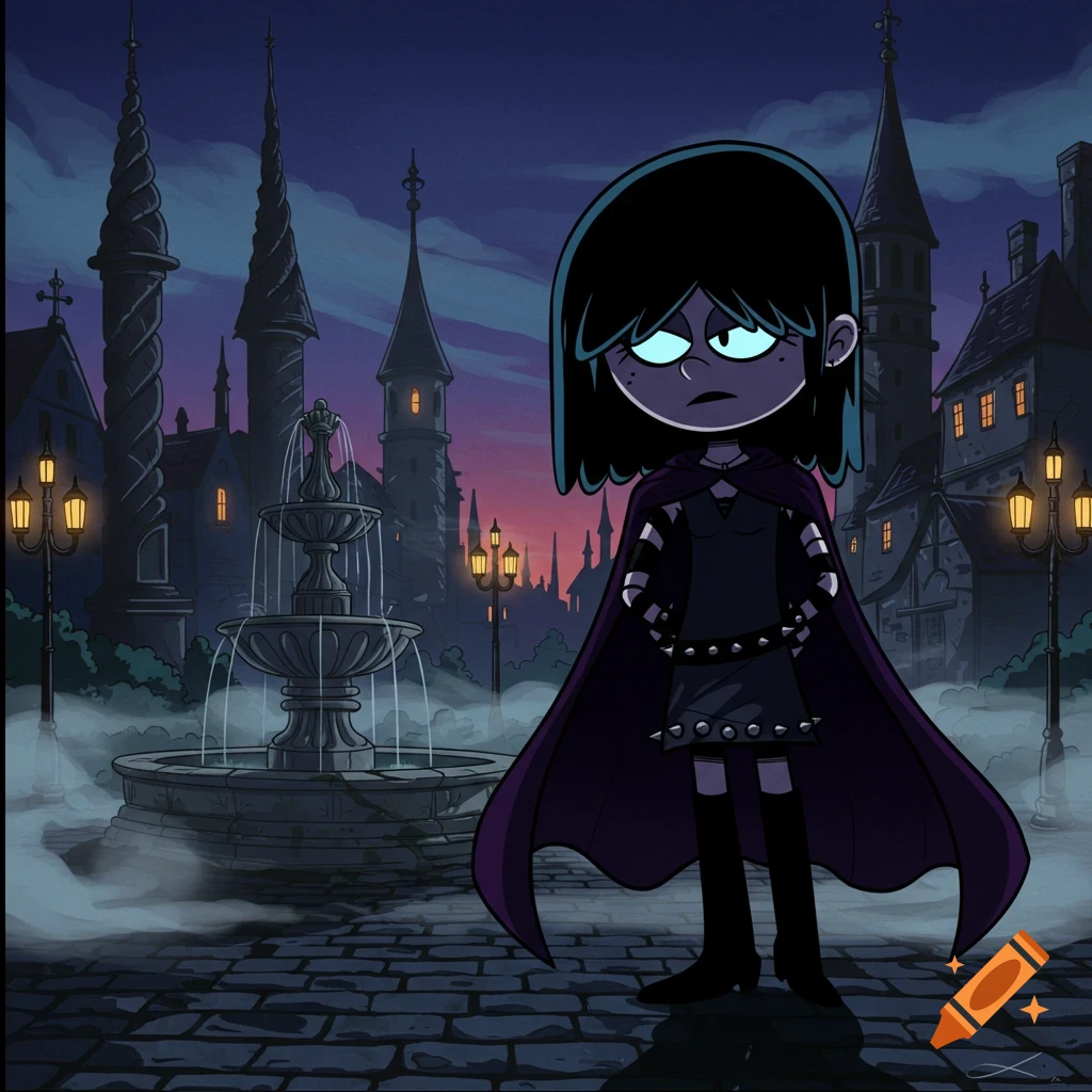 Cartoon character Lucy Loud in a purple cape and black dress, stands in a gothic town square with a fountain at dusk.